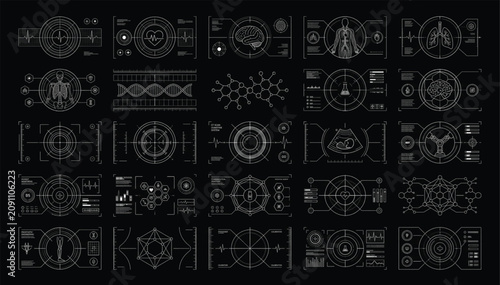 Medical diagnostic interface elements vector collection with interface diagnostic futuristic clinical graphical visualization graphics research elements template technical healthcare