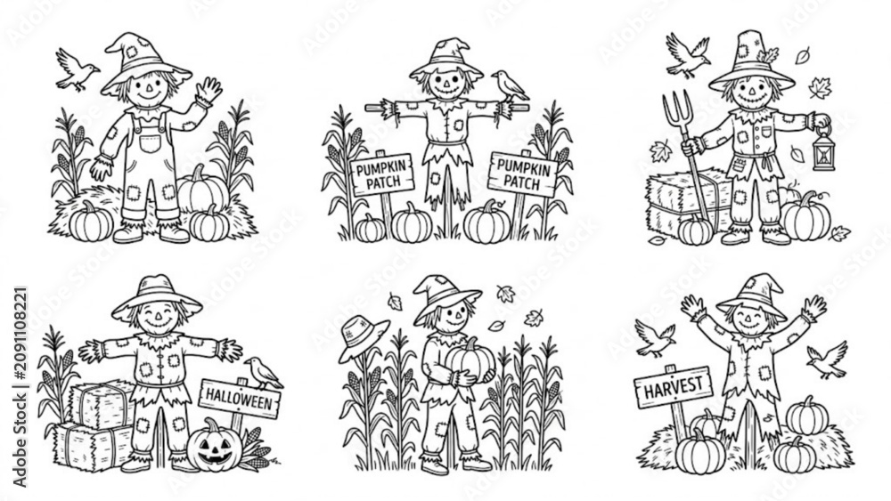 Obraz premium Halloween Scarecrow Silhouette Icon Collection – Rustic Farm Characters and Spooky Harvest Elements