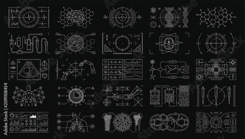 Biomedical engineering interface icons set featuring laboratory diagnostic systems and data visualization biomedical engineering interface laboratory diagnostic visualization research