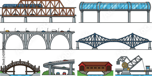 Cuadro en lienzo Modern and Historical Bridge Vector Set featuring Truss Skywalk Arch Highway Ove