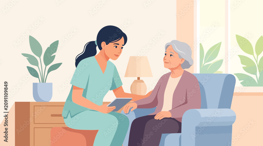 Fototapeta premium Caring nurse assists elderly woman with tablet in cozy home interior