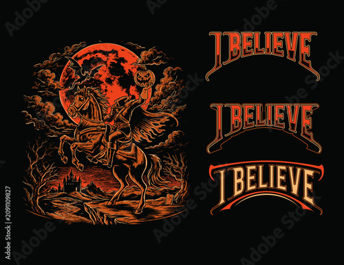 Vintage Headless Horseman Rearing on Horse with Pumpkin Head and Blood Moon Illustration
