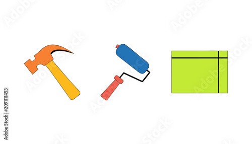 Vector icon set of home renovation tools featuring hammer, paint roller, and blueprint.eps