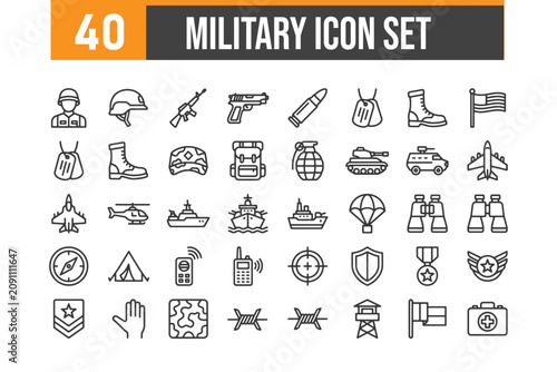 Set of 40 outline icons related to Military, Soldier, item , Linear icon collection, Vector Illustration 