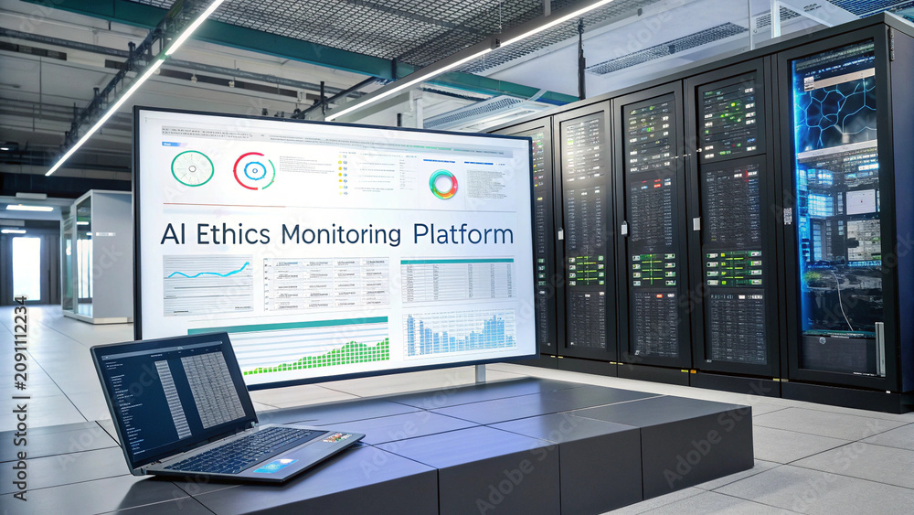 Fototapeta premium AI ethics monitoring platform displayed on screen in modern server room, with laptop nearby
