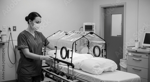 Nurse Attends Patient in Portable Isolation Pod on Stretcher in Medical Facility