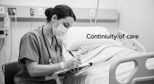 Nurse in a Hospital Room Documenting Patient Information with a Clipboard, Monochrome Realistic Photography