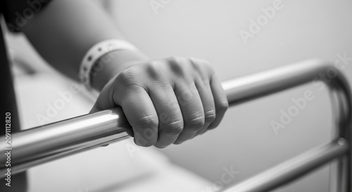 Patient's hand with hospital bracelet gripping metal bed rail for support