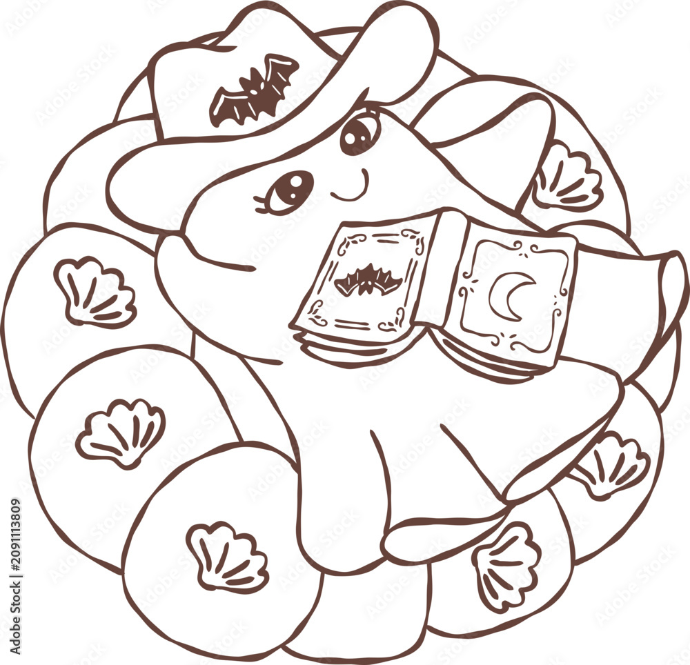 Fototapeta premium Retro Groovy Western Ghost Cowgirl Pool Float Pumpkin with Book Halloween Cartoon Line art Hand Drawn Doodle