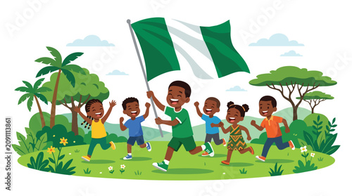 Group of happy children running and waving a Nigerian flag in a lush green landscape with trees and tropical plants.