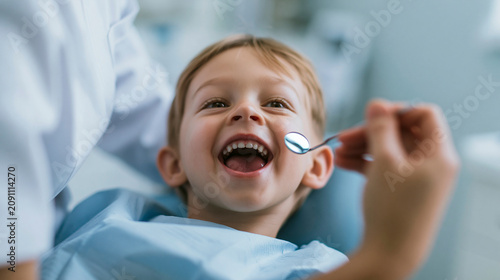 A young child wearing a light blue dental bib, lying in a dental chair.