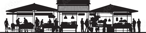 Black silhouette of a food court with people and pavilions
