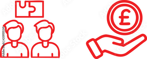 Fotografía Red outline icons showing two people with a puzzle piece and a hand holding a br