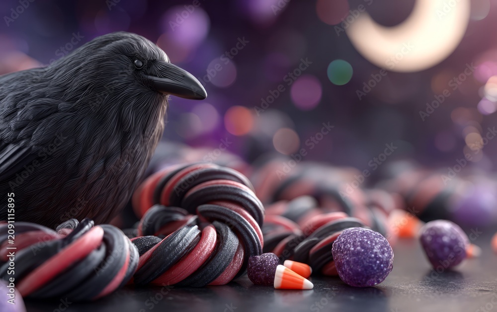 Fototapeta premium Black Raven with Licorice Candy on Dark Background Under Moonlight