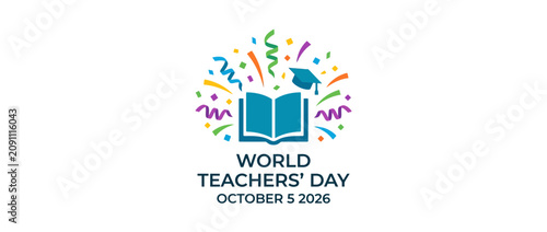 World Teachers Day celebration graphic with open book and graduation cap.