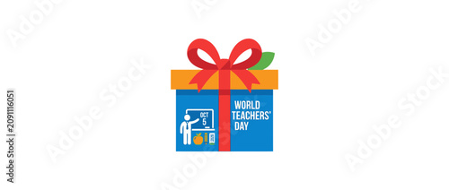 A stylized blue gift box icon celebrating World Teachers Day with a red ribbon.
