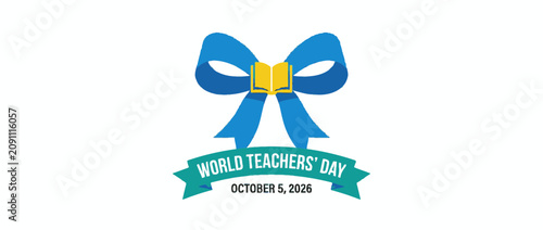 World Teachers Day celebration graphic with blue ribbon and book icon.