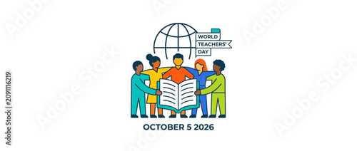 Diverse group of teachers standing together holding an open book for World Teachers Day.