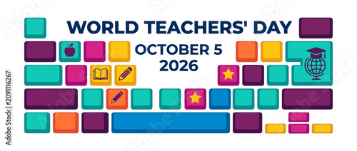 World Teachers Day celebration graphic with colorful keyboard keys and educational icons.