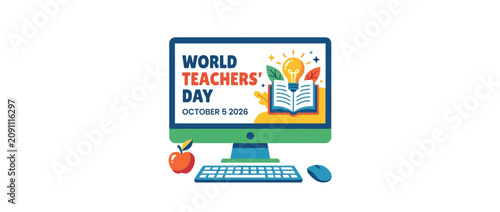 A digital computer display celebrating World Teachers Day with an apple and keyboard.
