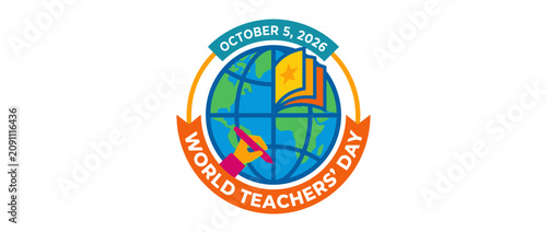 World Teachers Day commemorative emblem featuring a globe and open book.