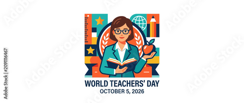 Illustration of a female teacher holding a book and an apple for World Teachers Day.
