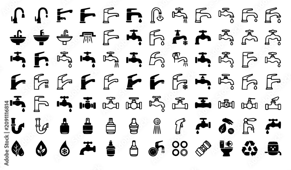 Fototapeta premium Tap Vector Icon Set with Water Faucet Plumbing and Kitchen Sink Outline Symbols