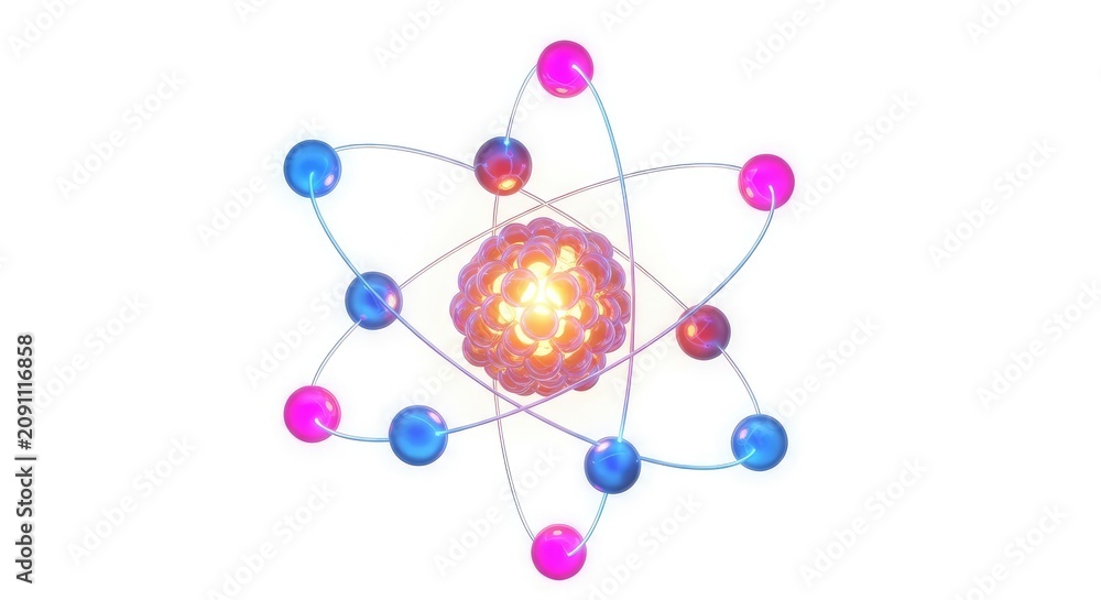 Obraz premium Colorful Bohr Model Diagram of an Atom With Electrons Orbiting Nucleus on White Background