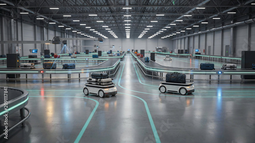 Automated baggage sorting system using mobile robotic platforms in modern airport facility.