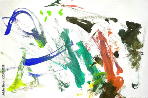 Abstract artistic study with broad brushwork in primary and secondary colors scattered across a white paper surface