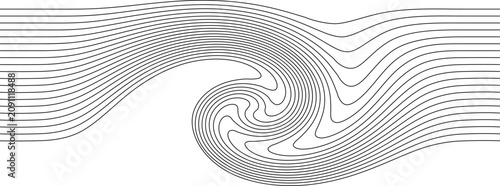 Abstract black wavy lines on a white background forming a flowing swirl and v...