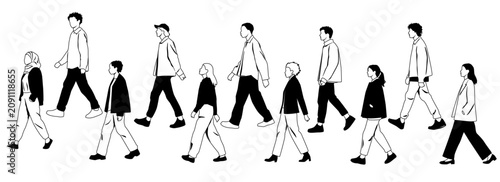 Vector silhouettes of  men and a women, a group of walking   business people,  hand drawing, linear sketch, profile, black and white  colors isolated on white background