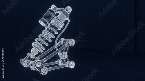 Motorcycle rear shock absorber wireframe on blueprint grid, engine blueprint, technical drawing, suspension design