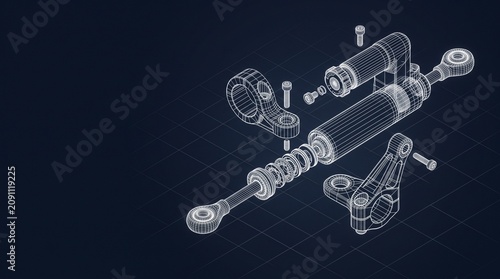 Motorcycle steering damper exploded wireframe showing internal parts, engine blueprint, technical drawing cad design