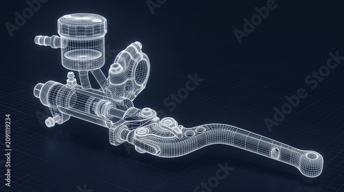 Motorcycle radial brake master cylinder wireframe with lever geometry, engine blueprint, technical drawing cad model