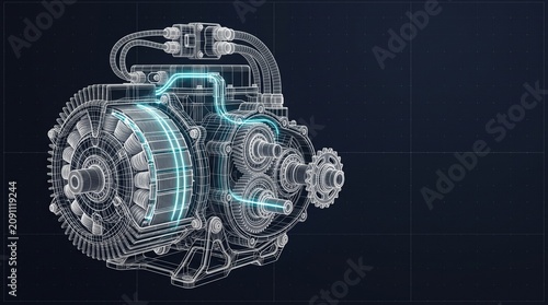 Electric motorcycle powertrain wireframe showing motor transmission and power flow, engine blueprint, technical drawing