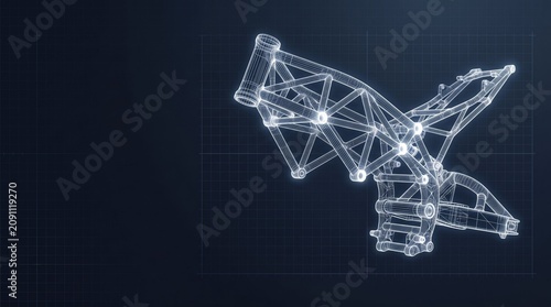 Motorcycle trellis frame wireframe showing structural nodes and geometry, engine blueprint, technical drawing