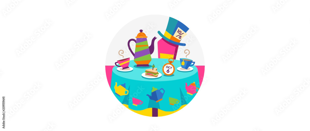 Fototapeta premium Whimsical tea party flat vector illustration with teapot and hat