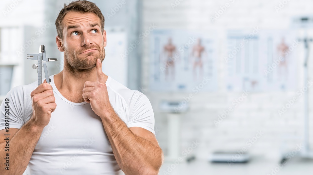 Fototapeta premium Body composition specialist holding a skinfold caliper in an assessment studio while thinking. Concept of quiz, consultation and trivia about body composition.