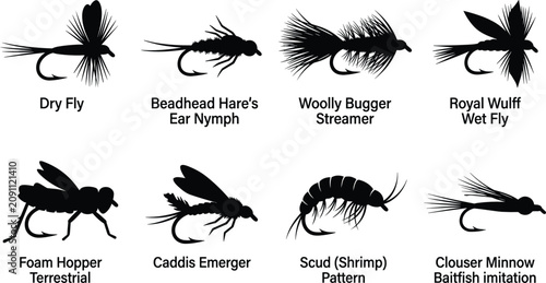 Foto Fly Fishing Lure Silhouette Collection with Artificial Bait Patterns Vector Set