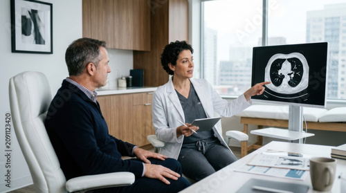 Doctor Explaining Medical Scan Results To Patient In Modern Clinic Office
