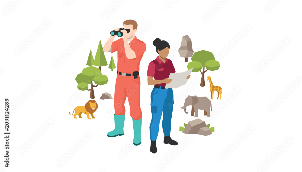 Obraz premium Park rangers in uniforms with binoculars and a map stand near trees with a lion, giraffe, and elephant figures in a light colored field environment.