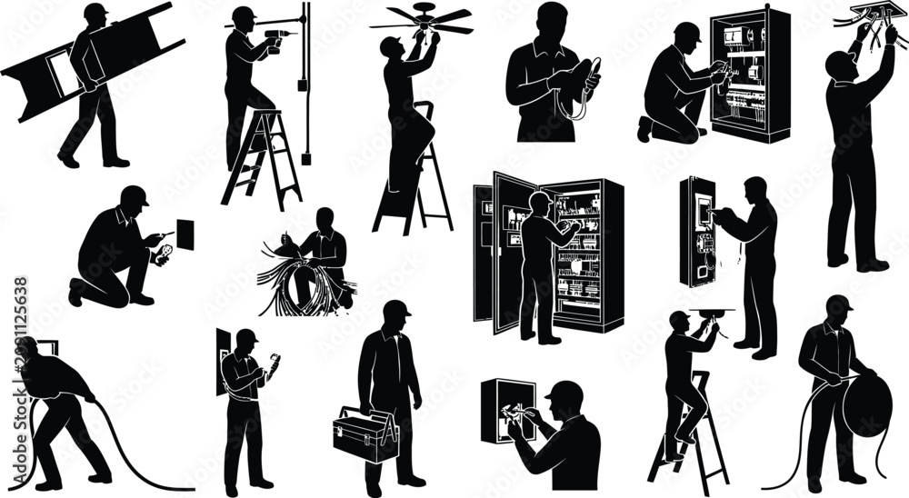 Obraz premium Electrical workers silhouette collection performing various jobs on a white background