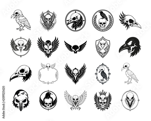 Foto Intricate raven skull crest with wings engraving in gothic style for decor or bo