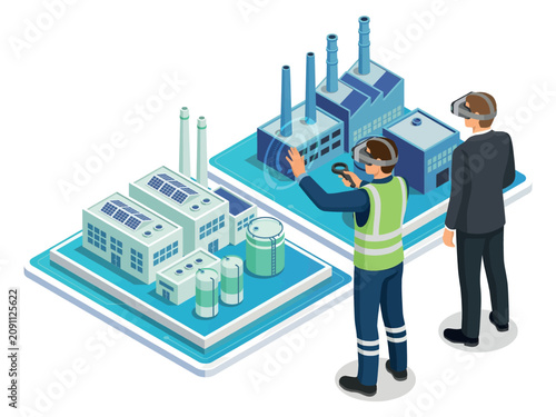 People using vr glasses to see industrial factory models isolated on white background, Vector, illustration