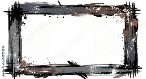 Abstract textured border with rough brush strokes and splatters during a conceptual design isolated on transparent background