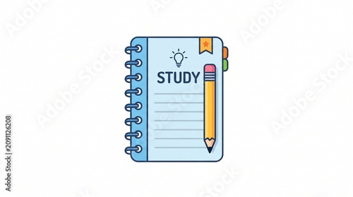 Spiral bound notebook with pencil and lightbulb icon labeled study for education planning and academic learning notes illustration