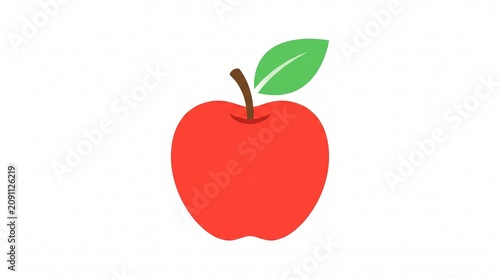 Minimalist Flat Vector Illustration of a Fresh Red Apple Fruit with Green Leaf Icon Isolated on a Clean White Background for Healthy Eating