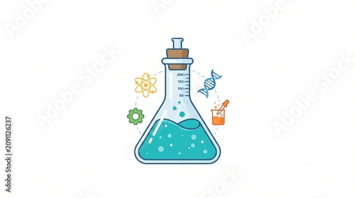 Vector illustration of a chemistry laboratory flask with scientific symbols for educational and academic research concepts in a modern flat design style