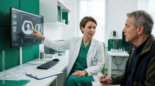 Doctor Explaining Medical Scan Results On Screen To Patient